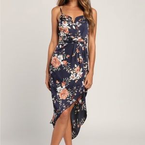 LULUS DRESS WORN ONCE - Navy Blue Floral Print Tulip Skirt Midi Dress